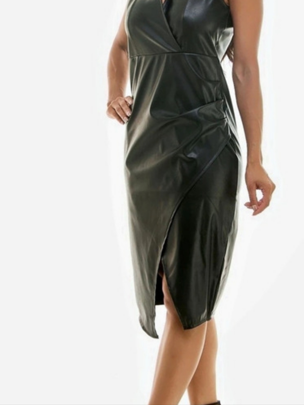 Nina Leonard Sleeveless Faux Leather Wrap Dress in Black Size XL